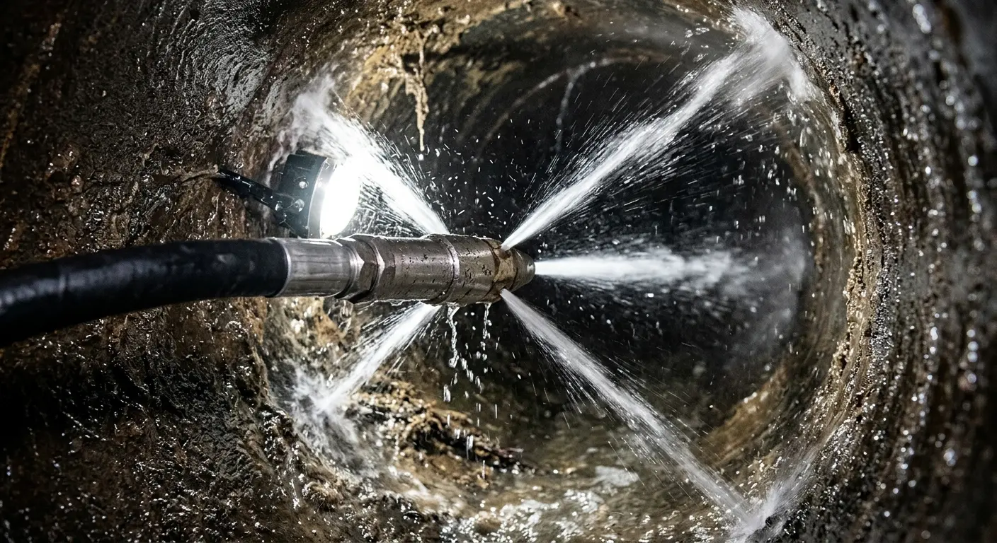 High-pressure hydro jetting nozzle cleaning sewer pipe for Storm Drain Cleaning in Plainfield