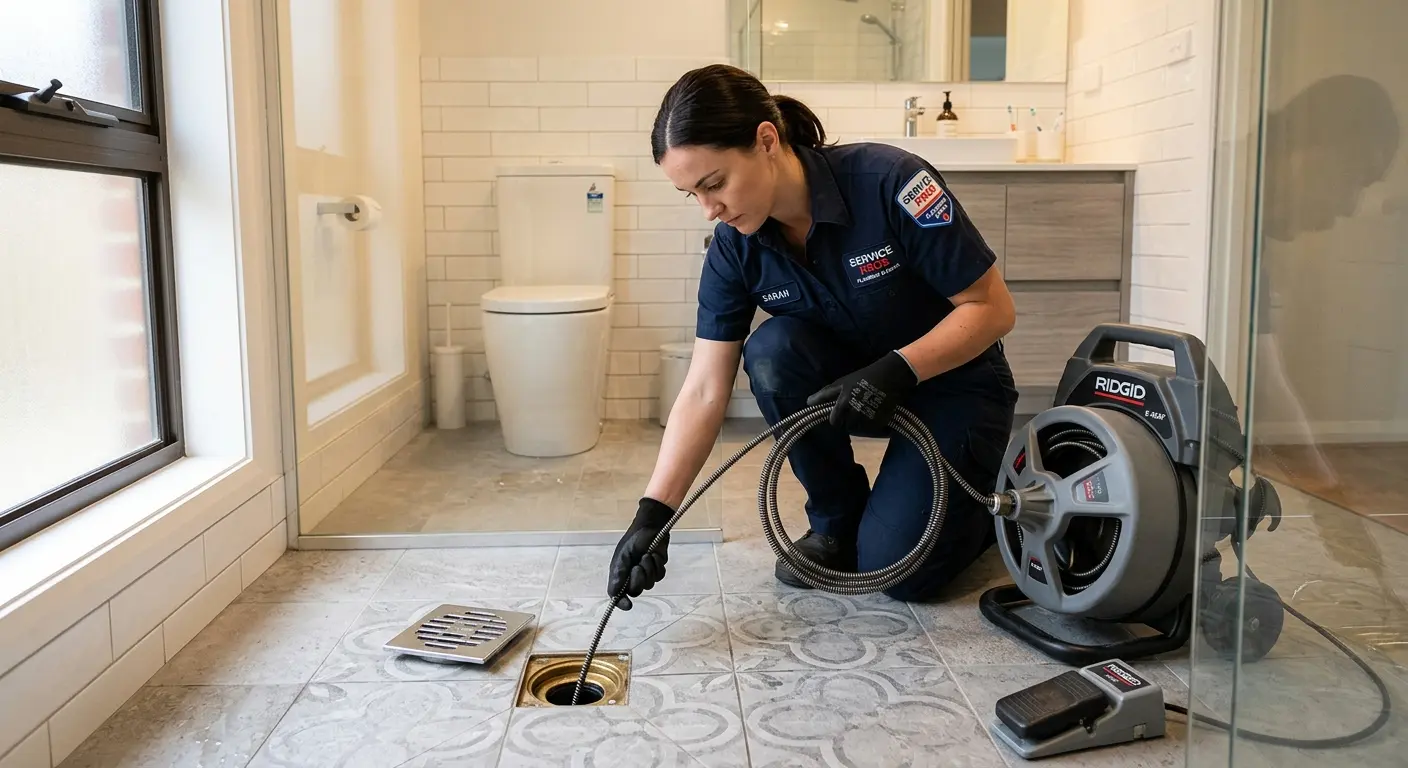 Technician clearing a bathroom floor drain for Clogged Drain Repair in Plainfield